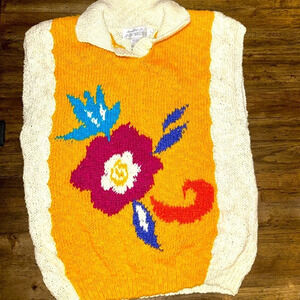 VINTAGE JACK WINTER hand knitted sleeveless wmn sweater vibrant yellow floral